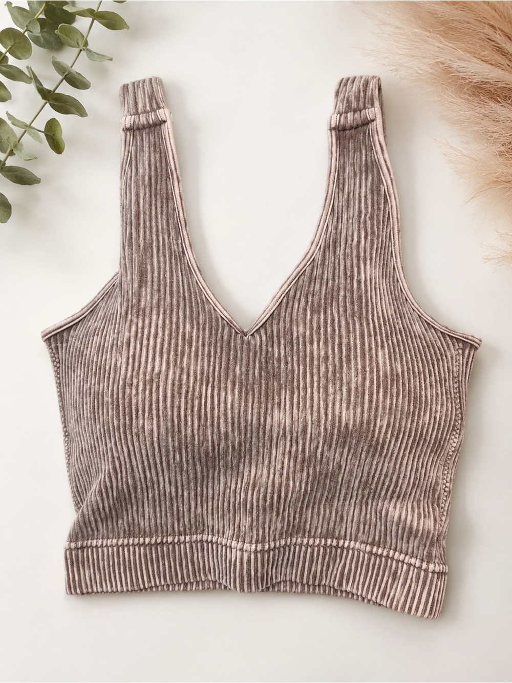 Zenana Ribbed Washed V-Neck Seamless Brami Crop Tank Taupe S/M Boutique